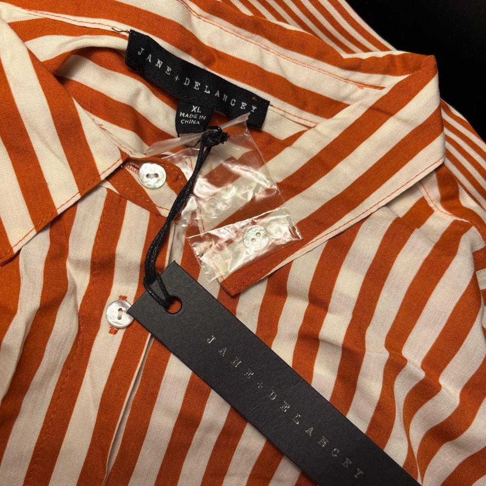 NWT Jane+Delancey Women’s Short-Sleeve Striped Orange & White Button-Down Blouse - Picture 2 of 14